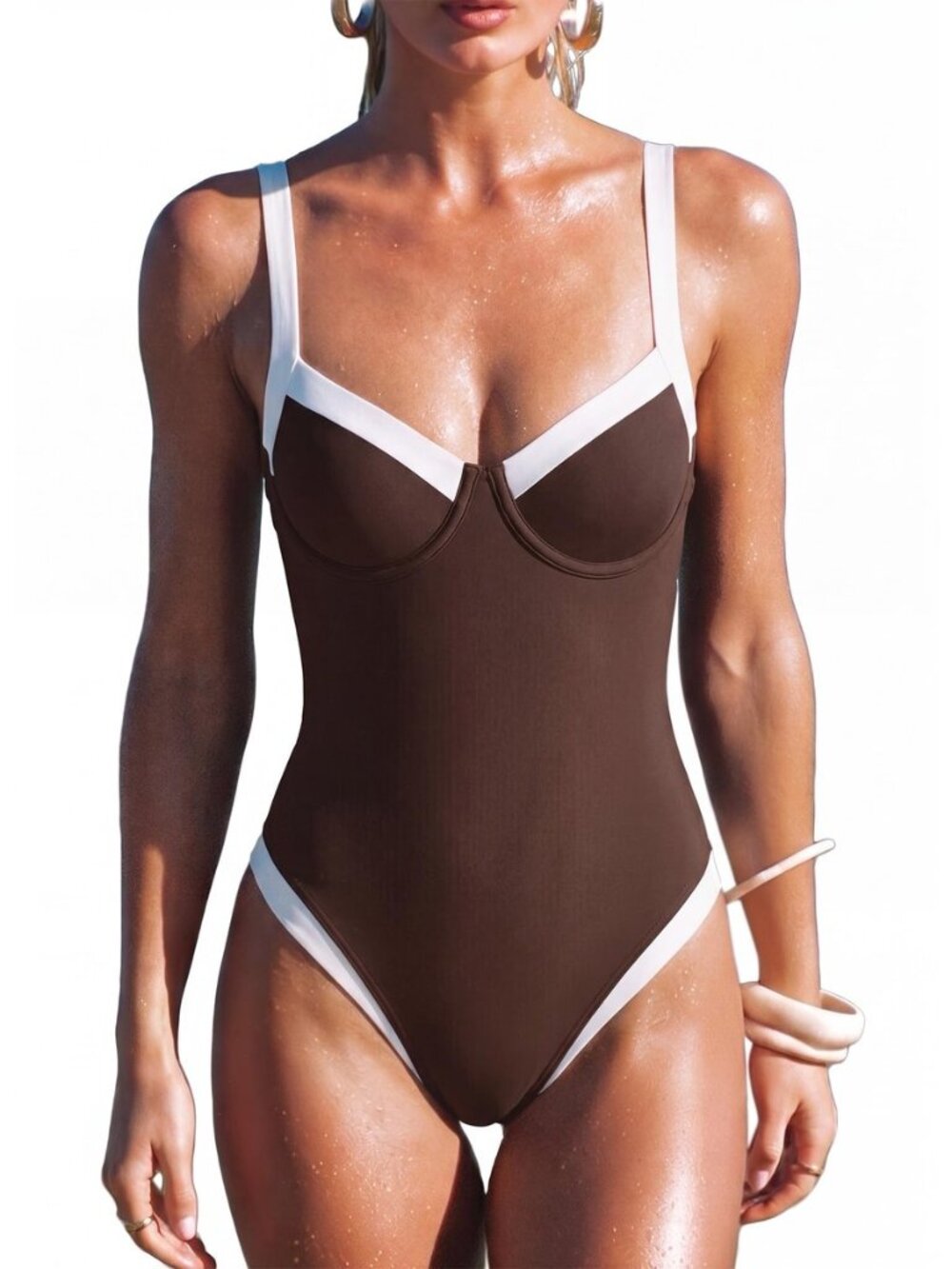 Women Sexy Underwire One Piece Swimsuit Color Block Cutout Bathing Suit